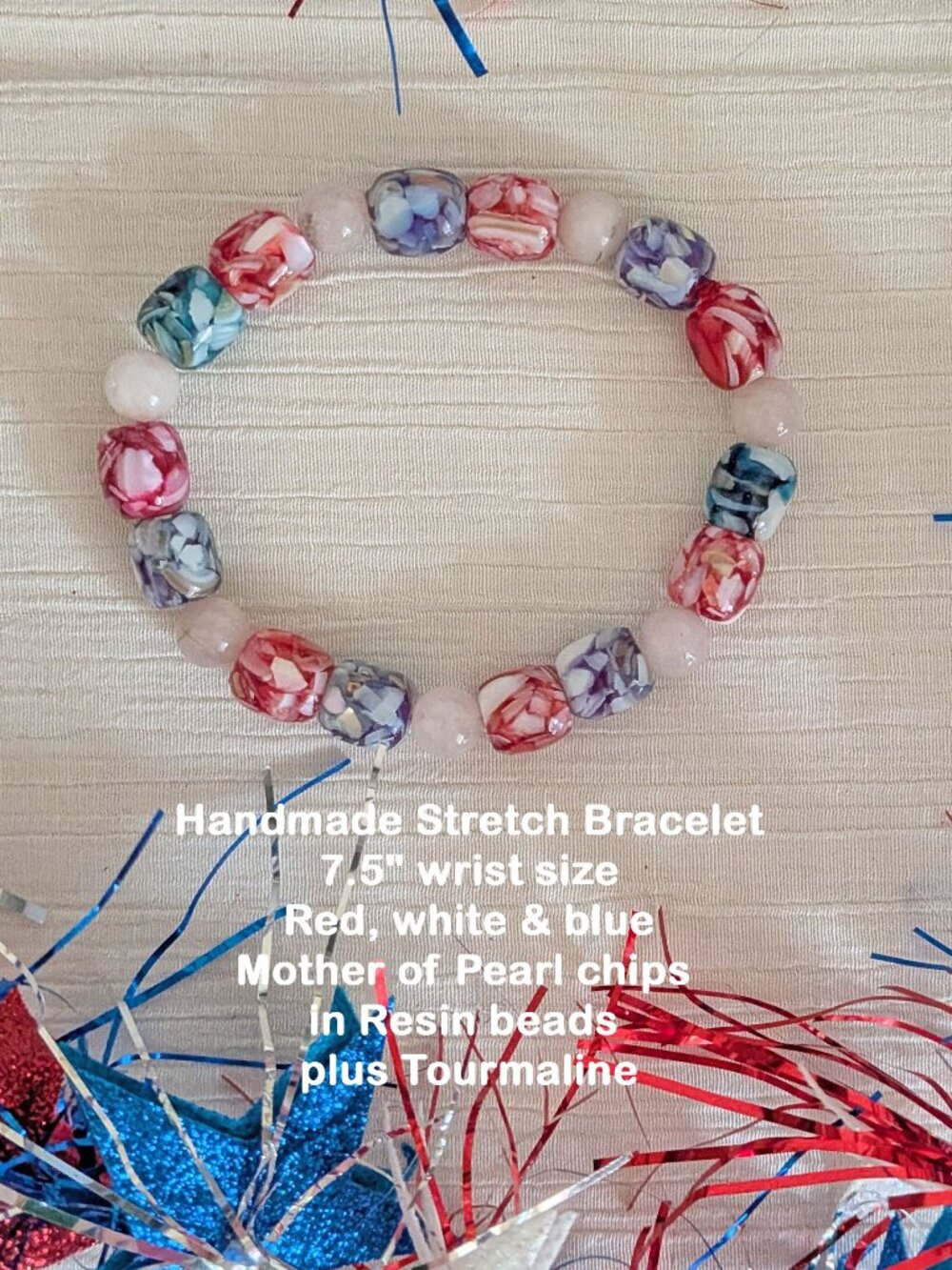 Handmade Stretch Bracelet, 7.5", Red, white, blue, Mother of Pearl chips Resin